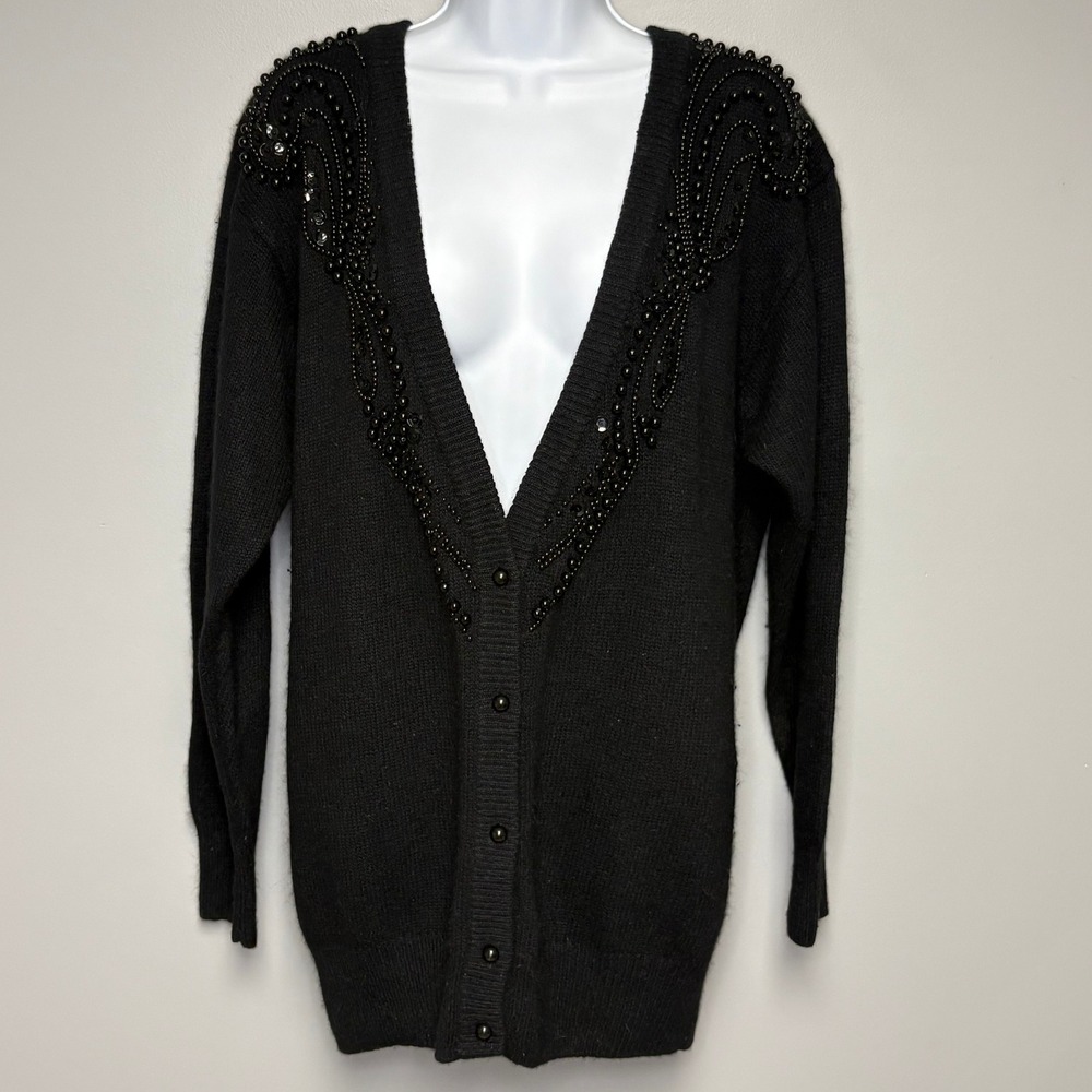 VTG Silk Angora Wool Blend Beaded Dark Academia Evening Black Preppy Cardigan M